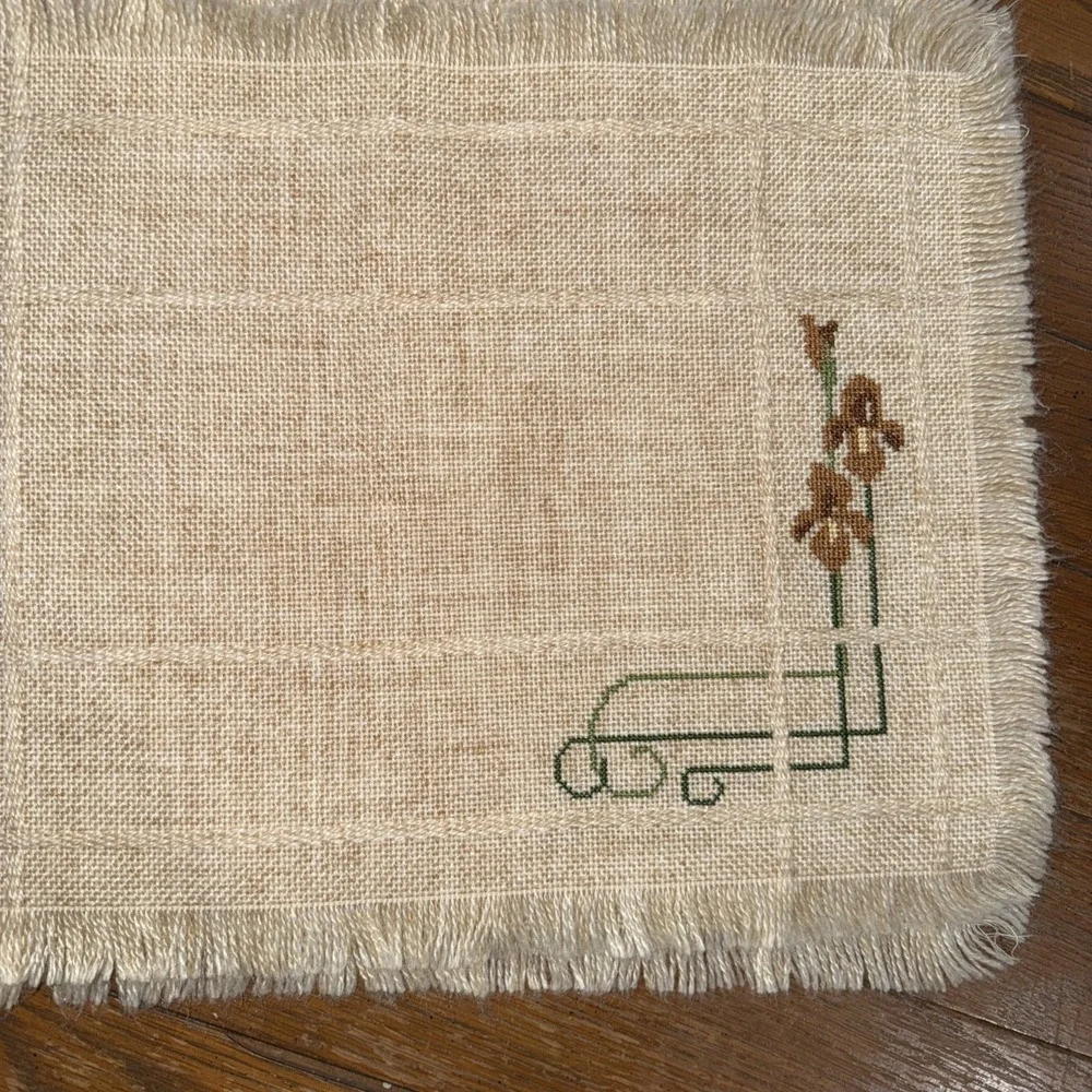 Cross Stitch Placemats 4 Tan Mat With Fringe With Brown Green Flowers 12